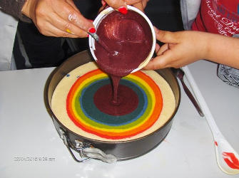 Confecção de um bolo colorido.